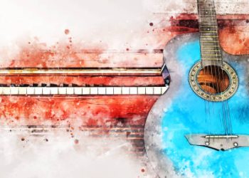 Abstract colorful guitar and piano keyboard on watercolor illustration painting background.