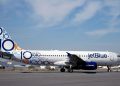 New York's hometown value airline JetBlue Airways today celebrates its 10th anniversary with a special Airbus A320 aircraft, featuring a unique 10-themed livery to signify the carrier's entry into its second decade.  (PRNewsFoto/JetBlue Airways)