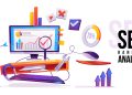 SEO ranking analysis banner. Technology for internet marketing and digital business content. Computer desktop with wrench, magnifier, graphs and media icons around, Cartoon vector illustration, poster