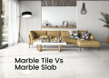 Image with text as difference between marble tiles & slab